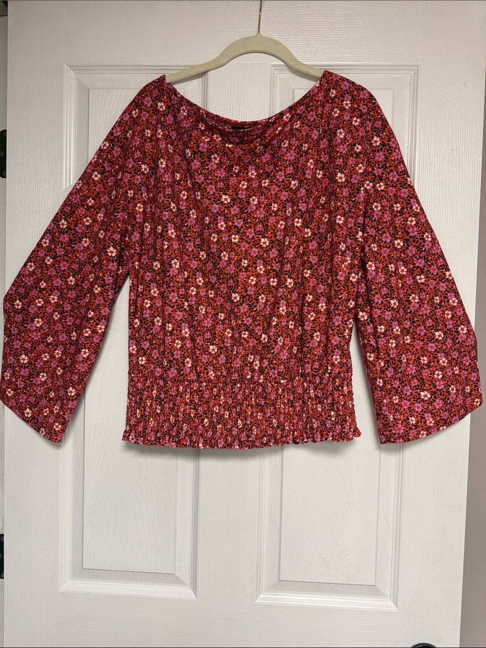 Ann Taylor Red Pink Floral Smocked-Hem Blouse